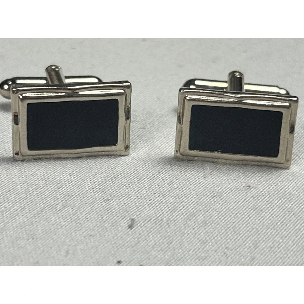 Mens Silver Tone Black Enamel Rectangular Bullet Back Classic Cufflinks Pair